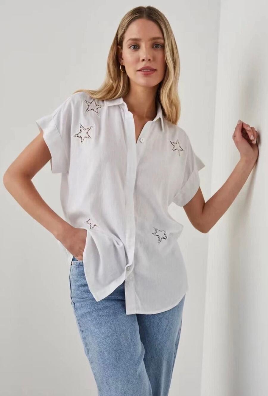 Rails White Cotton Star Embroidered Button Up Blouse Collared Size Medium